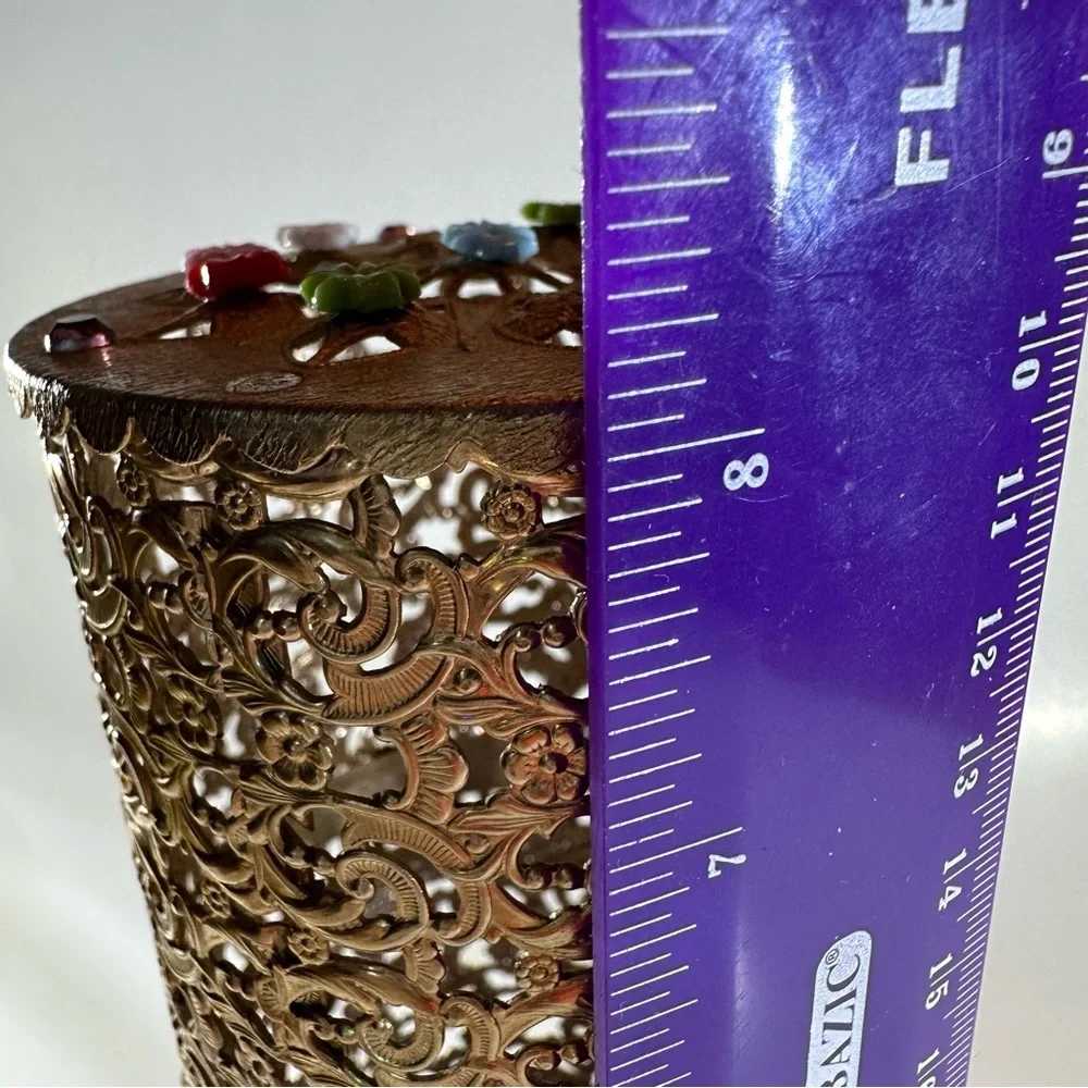 Vintage Gold Filigree Hairspray Can Holder Hollywood Regency Enamel Flowers